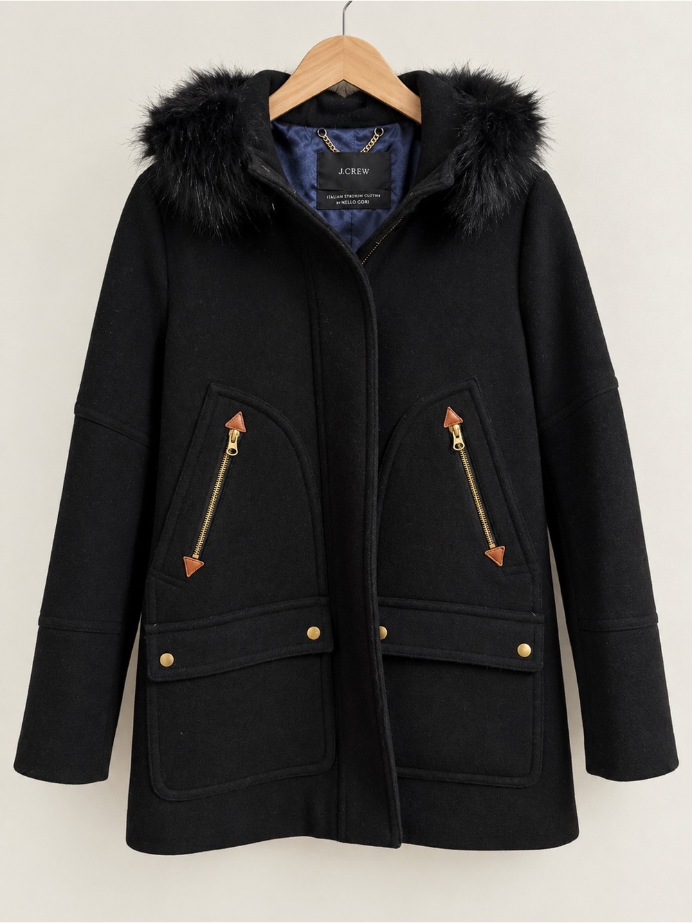 J. Crew Black Wool Hooded Stadium Cloth Coat
